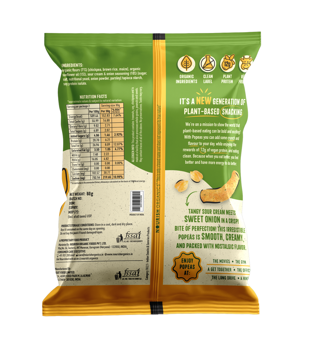 NOURISH ORGANICS Cream & Onion Popeas - Pack of 12 (60g)