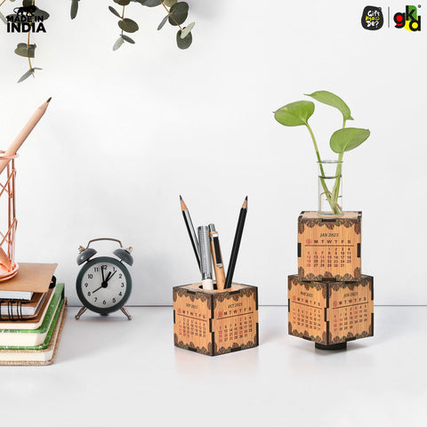 Gift Kya De 3-Cube Wooden Desk Calendar 2025 with Test Tube Planter | Desk Organizer for Home, Office & Corporate Gifting