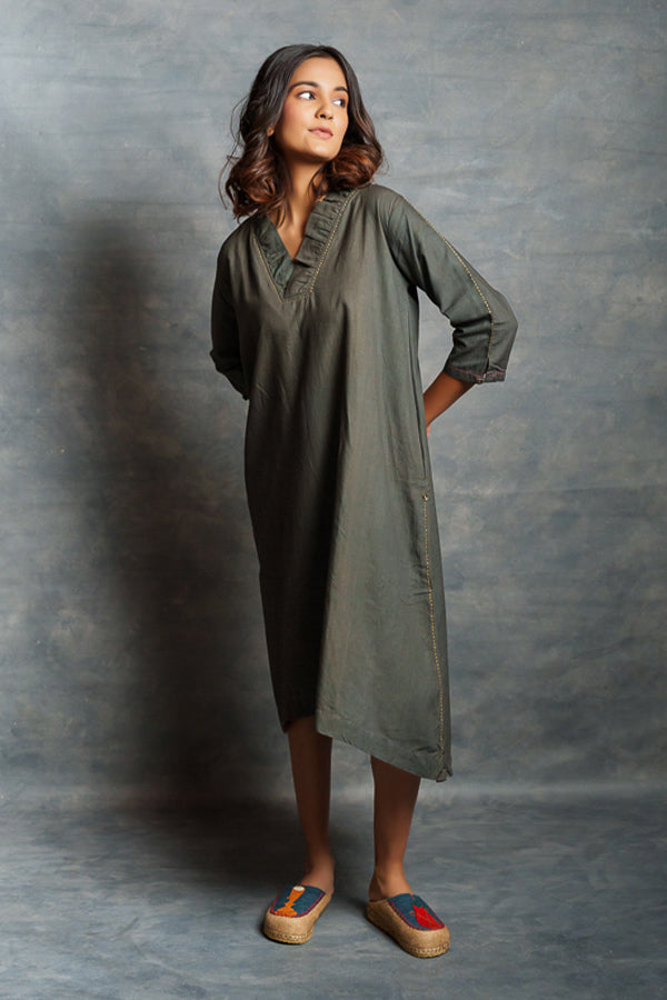 Gray Asymmetrical Handwoven Khadi Dress with Applique Detailing
