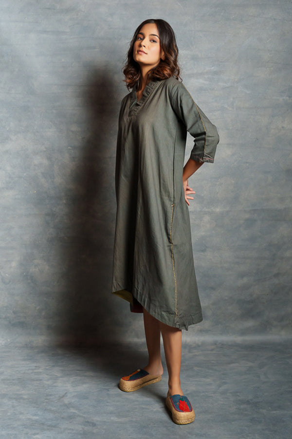 Gray Asymmetrical Handwoven Khadi Dress with Applique Detailing
