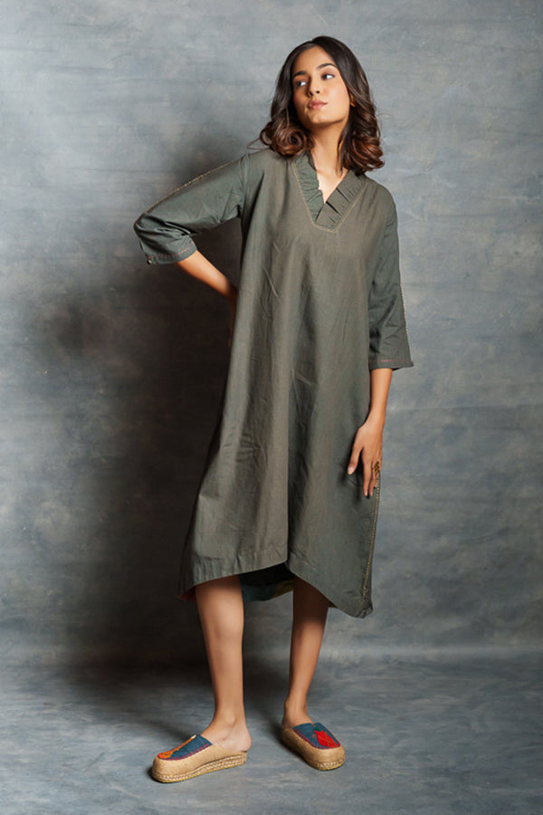 Gray Asymmetrical Handwoven Khadi Dress with Applique Detailing