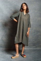 Gray Asymmetrical Handwoven Khadi Dress with Applique Detailing