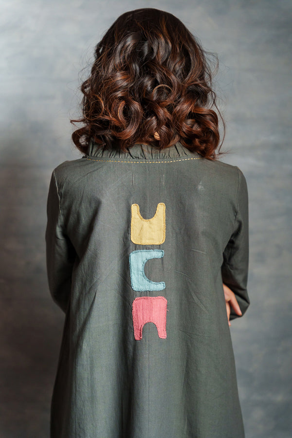 Gray Asymmetrical Handwoven Khadi Dress with Applique Detailing