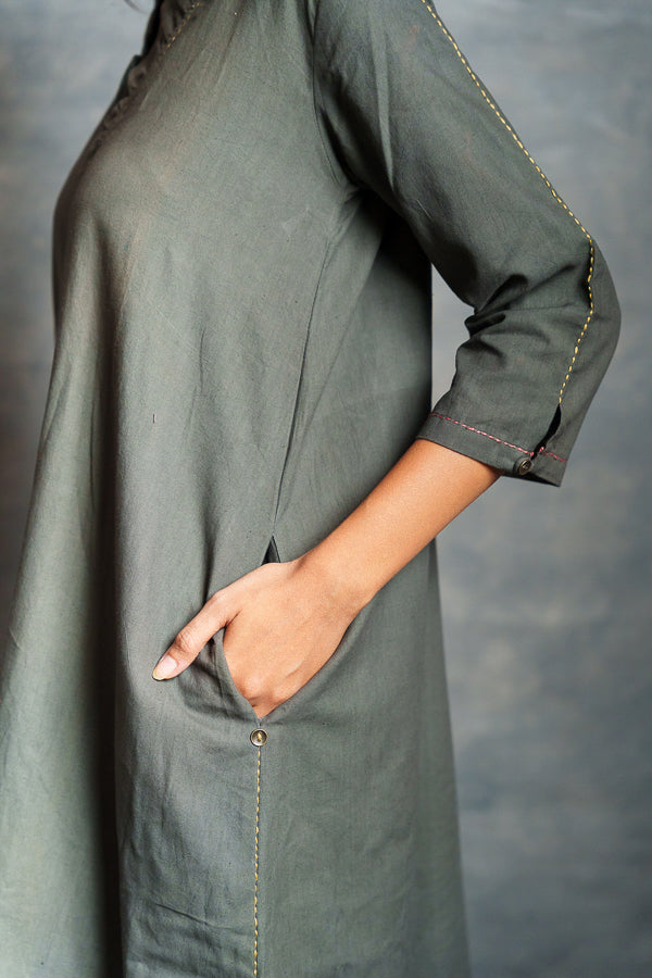 Gray Asymmetrical Handwoven Khadi Dress with Applique Detailing