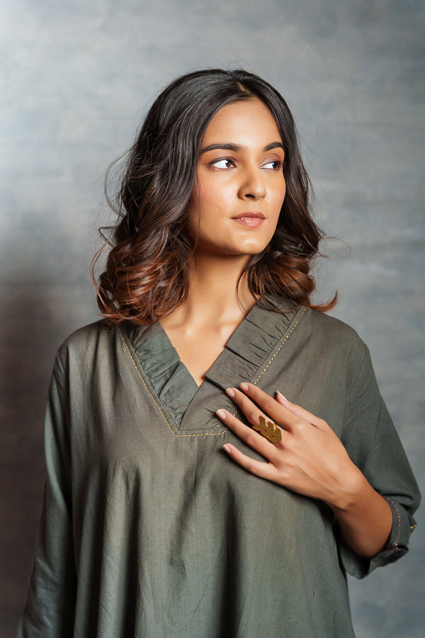 Gray Asymmetrical Handwoven Khadi Dress with Applique Detailing