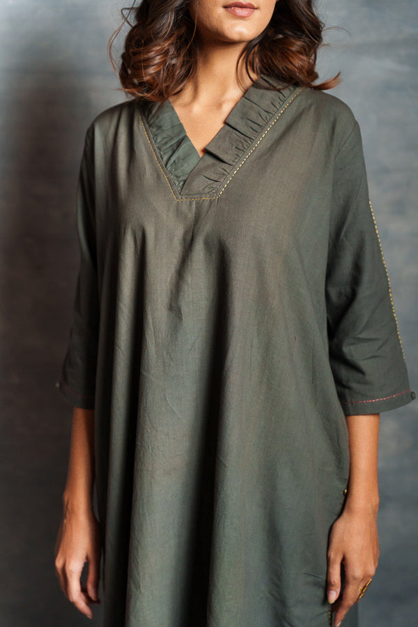 Gray Asymmetrical Handwoven Khadi Dress with Applique Detailing