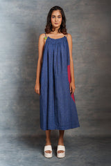 Blue jamdani dress- tiny checks long dress with spaghetti strap