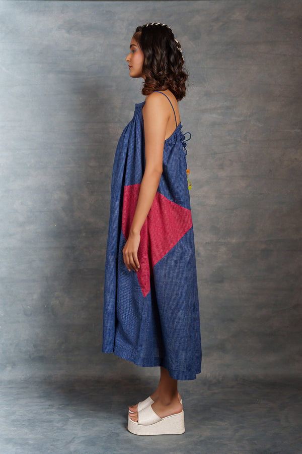 Blue jamdani dress- tiny checks long dress with spaghetti strap