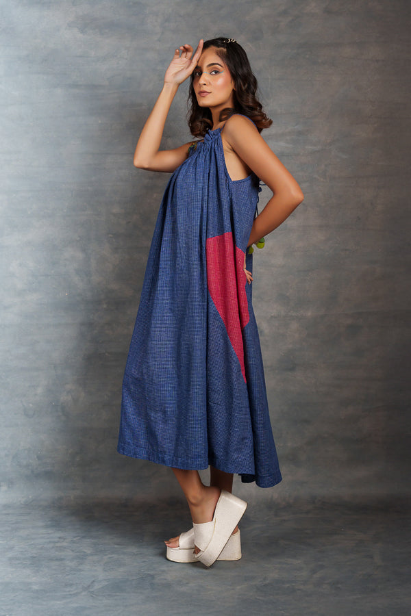Blue jamdani dress- tiny checks long dress with spaghetti strap