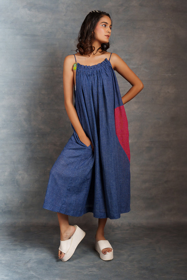Blue jamdani dress- tiny checks long dress with spaghetti strap