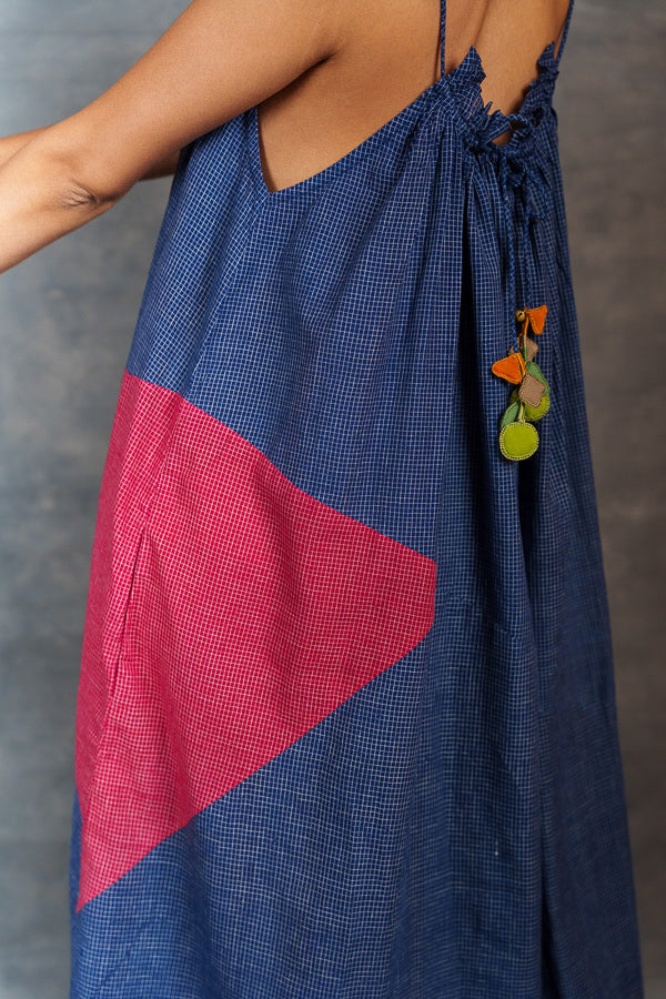 Blue jamdani dress- tiny checks long dress with spaghetti strap