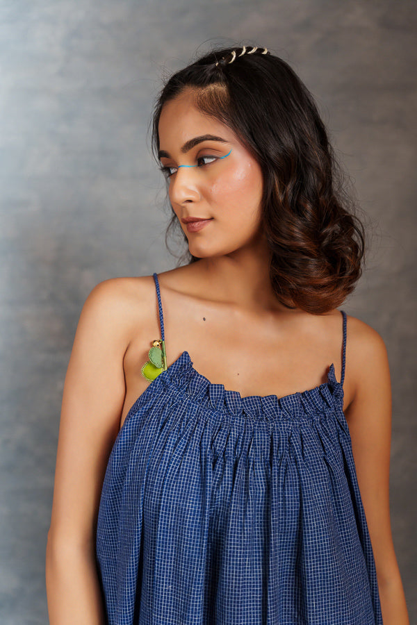 Blue jamdani dress- tiny checks long dress with spaghetti strap