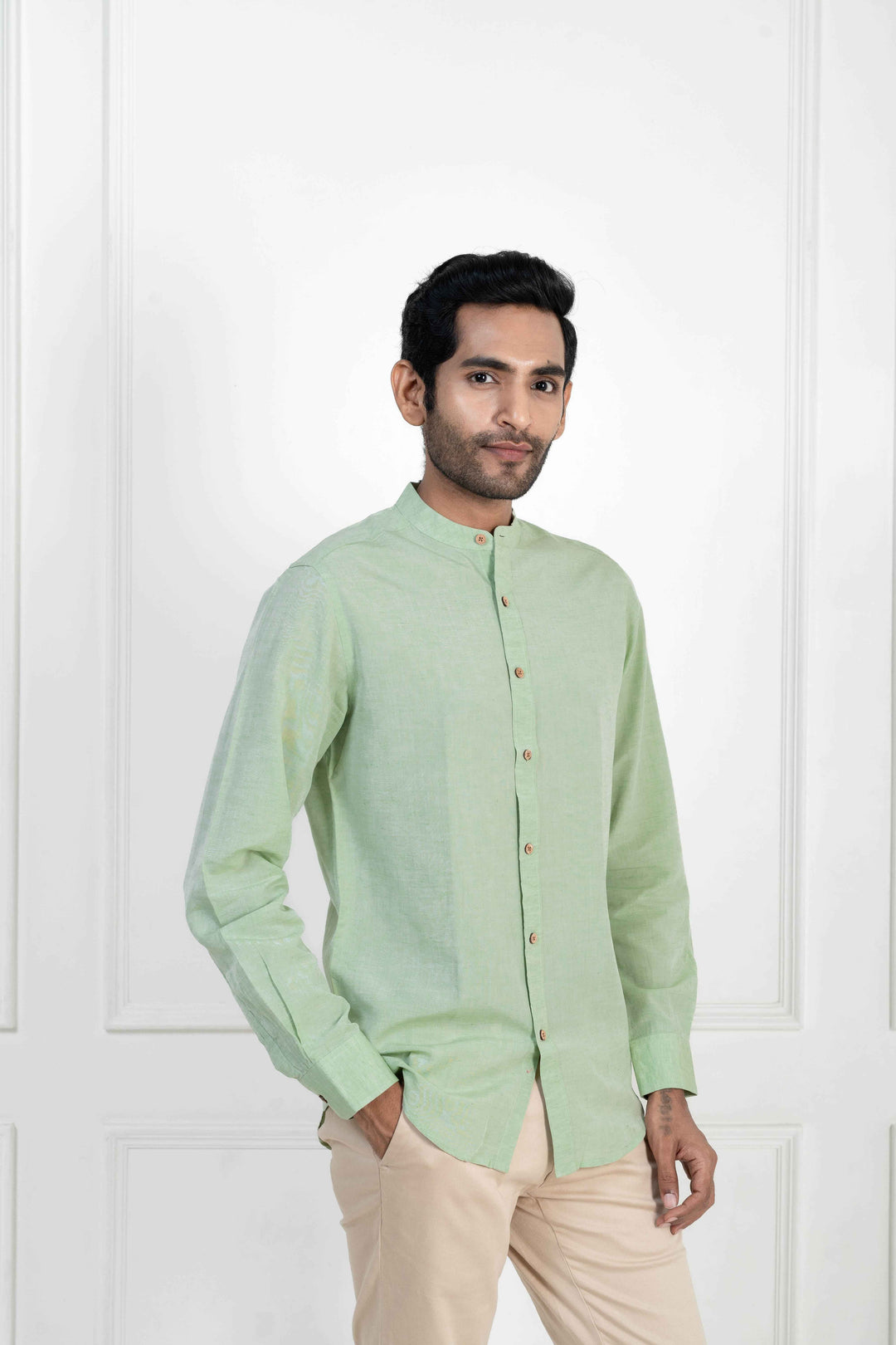 Earthy Route Fresh Green · Mandarin Collar Shirt