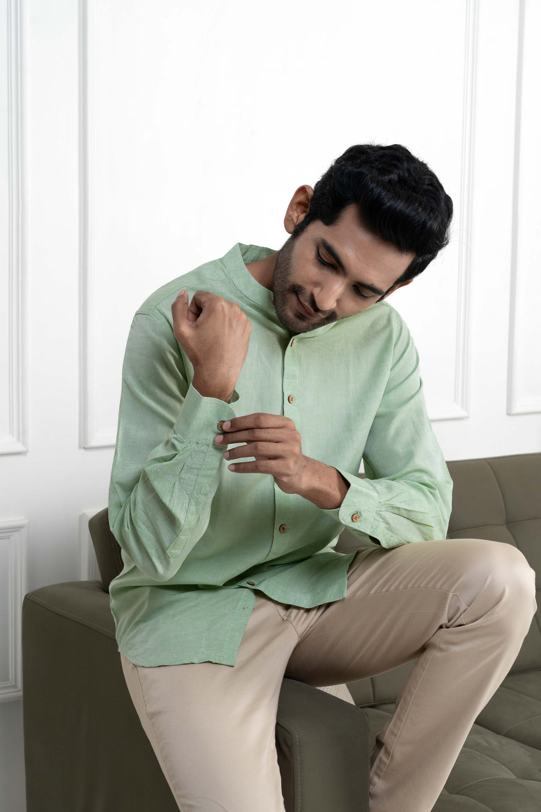 Earthy Route Fresh Green · Mandarin Collar Shirt