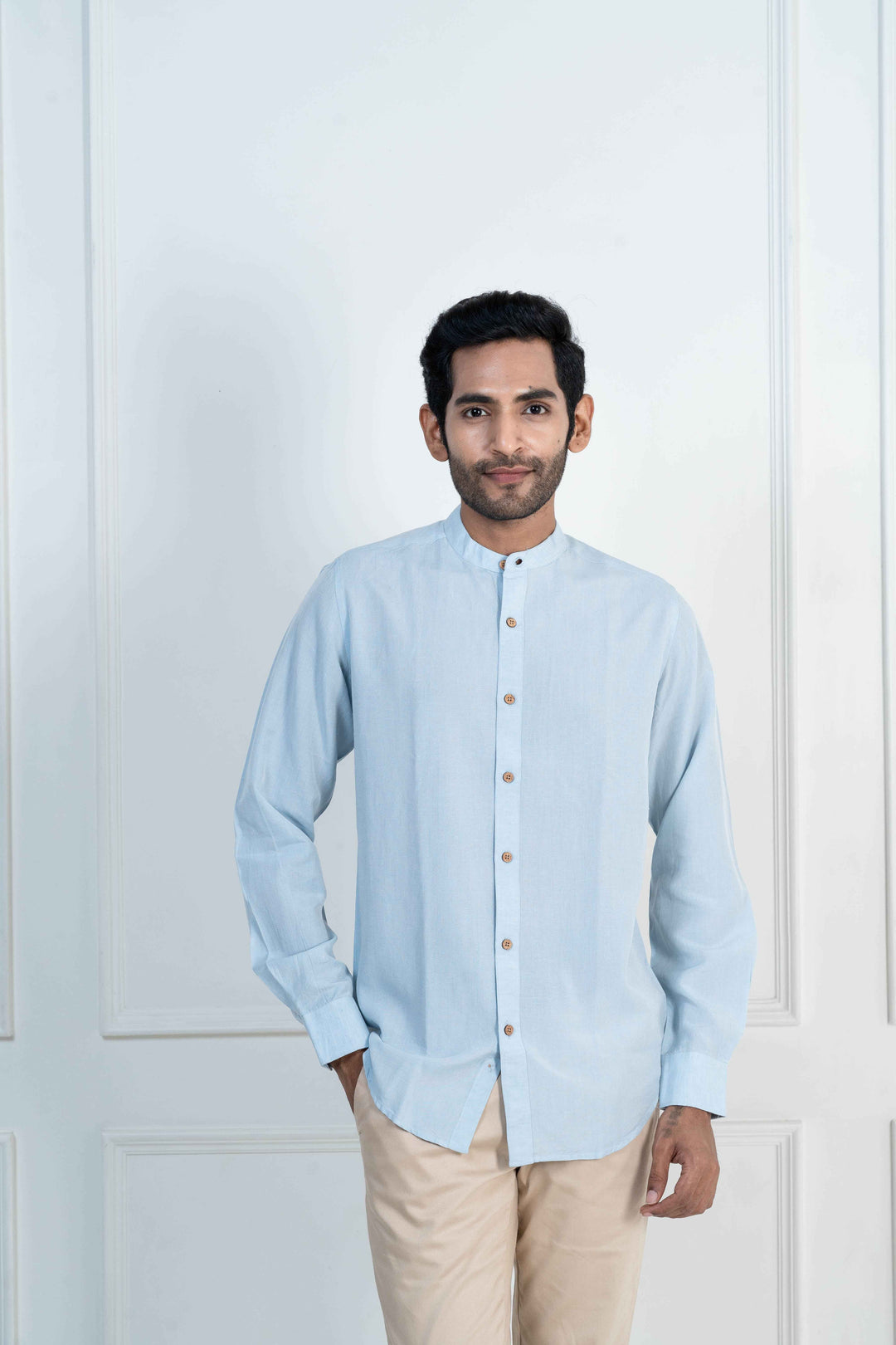 Earthy Route Ice Blue · Mandarin Collar Shirt