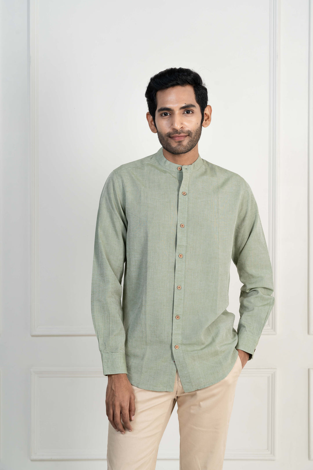 Earthy Route Military Green · Mandarin Collar Shirt