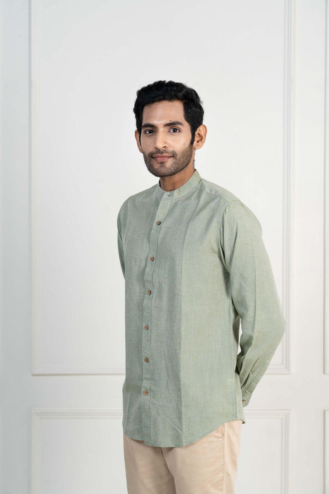 Earthy Route Military Green · Mandarin Collar Shirt