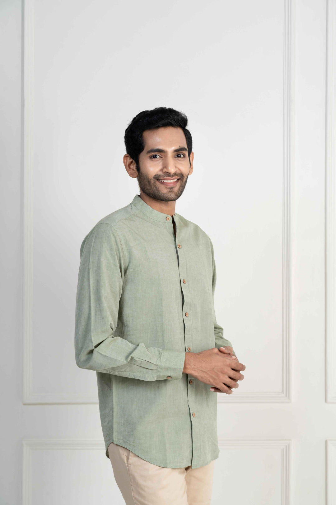 Earthy Route Military Green · Mandarin Collar Shirt