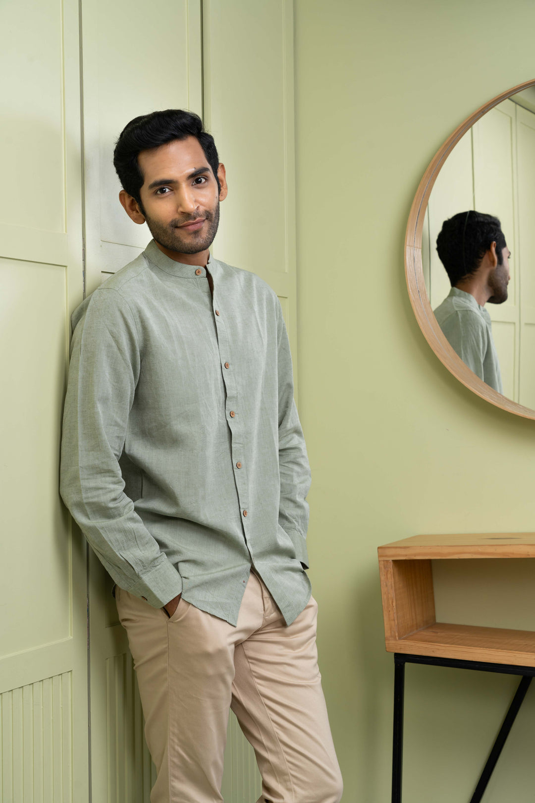 Earthy Route Military Green · Mandarin Collar Shirt