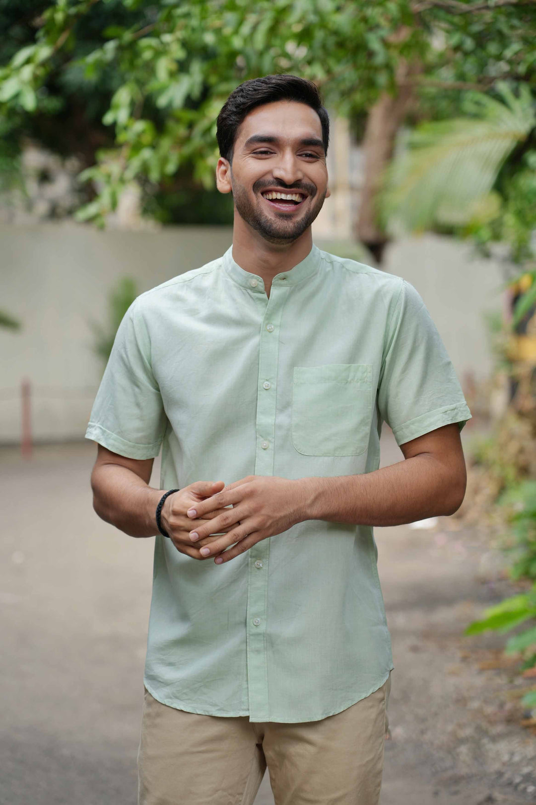 Earthy Route Fresh Green · Half Sleeve Mandarin Collar Shirt