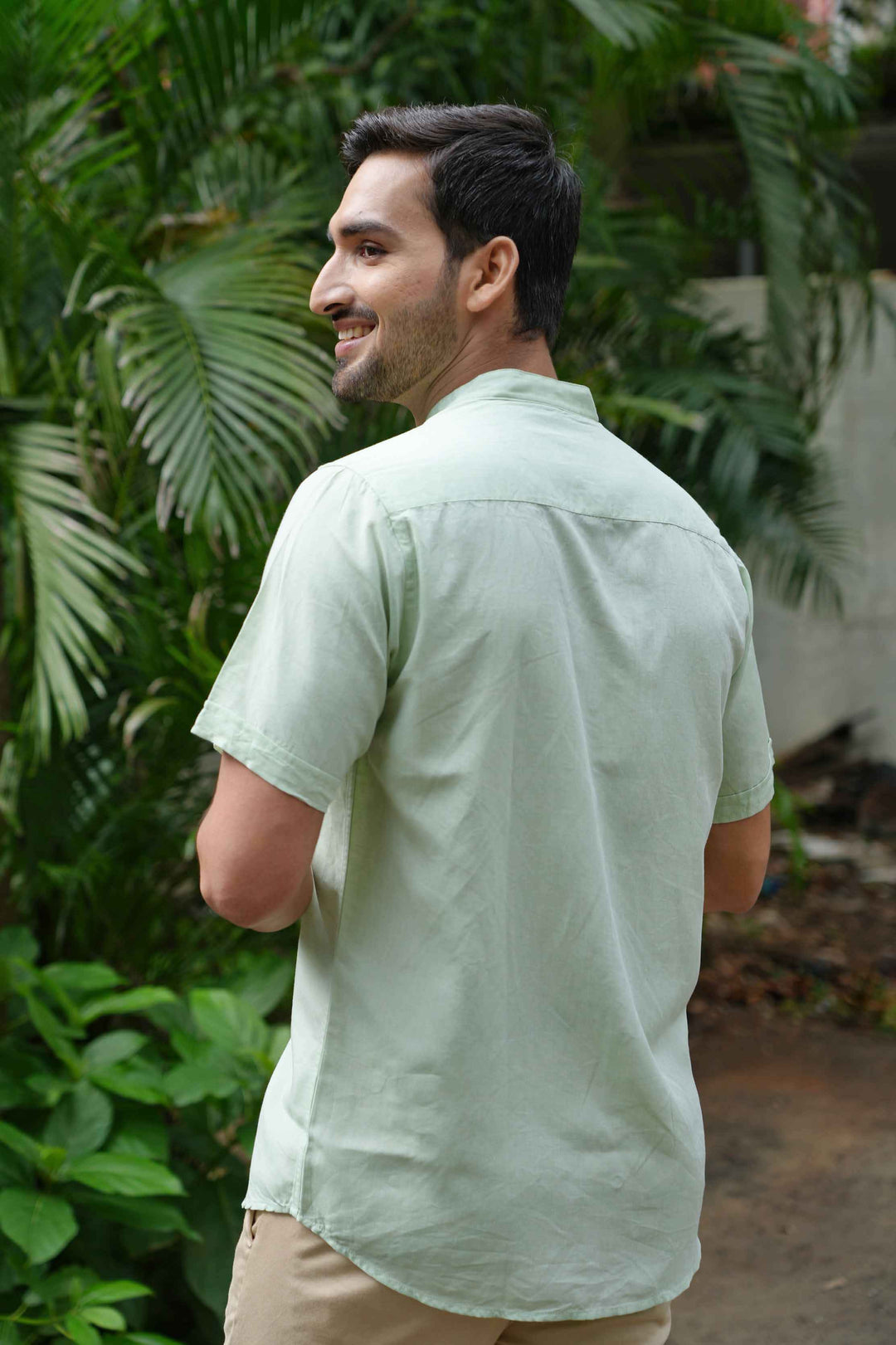 Earthy Route Fresh Green · Half Sleeve Mandarin Collar Shirt