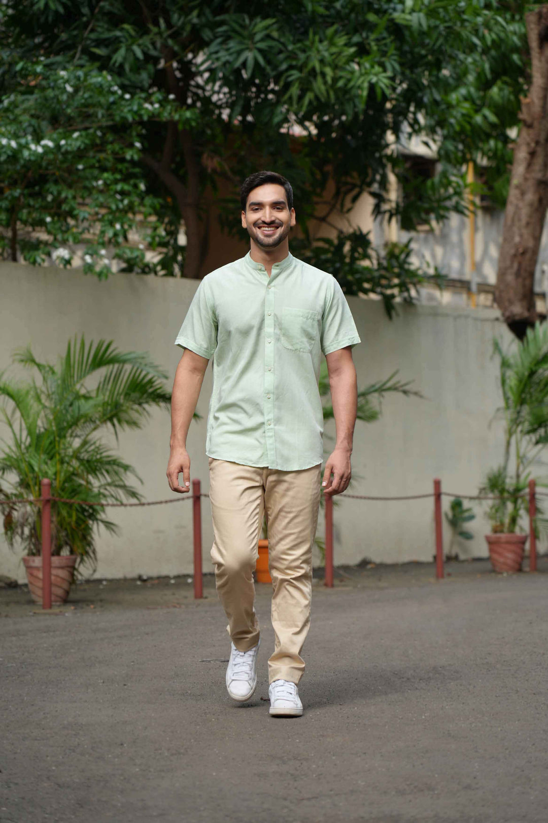 Earthy Route Fresh Green · Half Sleeve Mandarin Collar Shirt