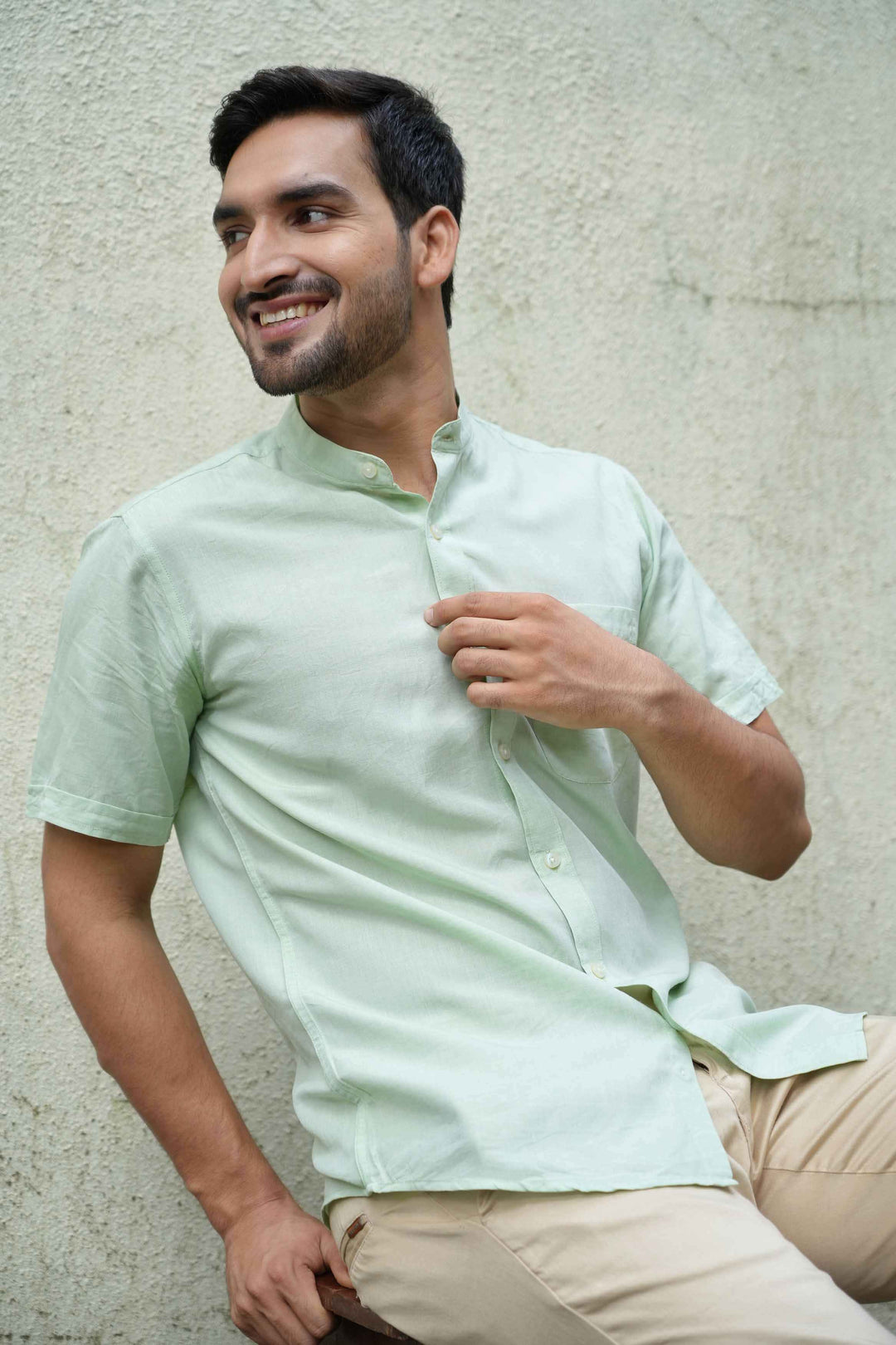 Earthy Route Fresh Green · Half Sleeve Mandarin Collar Shirt
