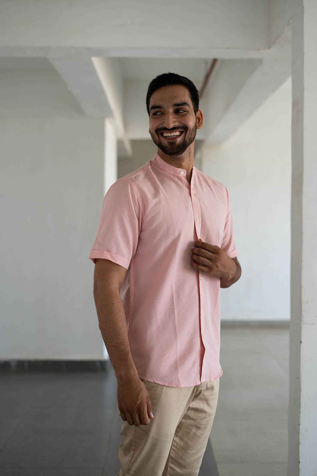 Earthy Route Charm Pink · Half Sleeve Mandarin Collar Shirt
