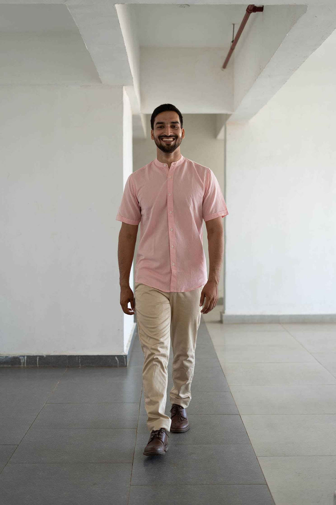 Earthy Route Charm Pink · Half Sleeve Mandarin Collar Shirt