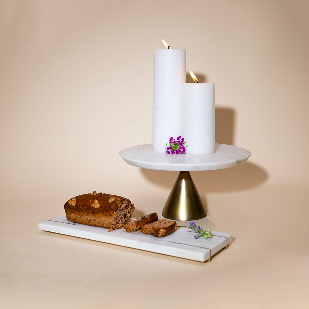 Muun Home White Marble Cake Stand and Tray Set with Gold Base