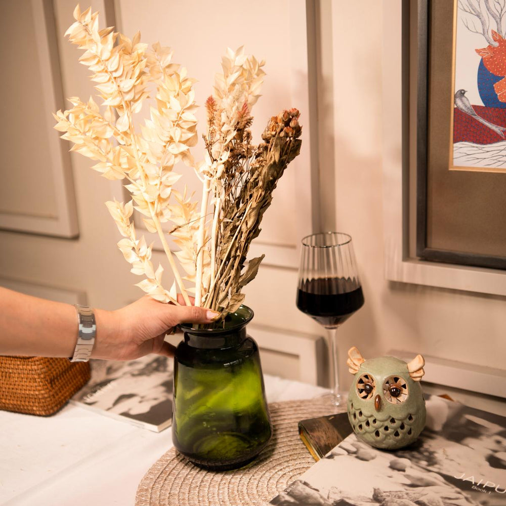 Emerald Elegance Vase with Dried Flower Bunch | Decorative Glass Vase