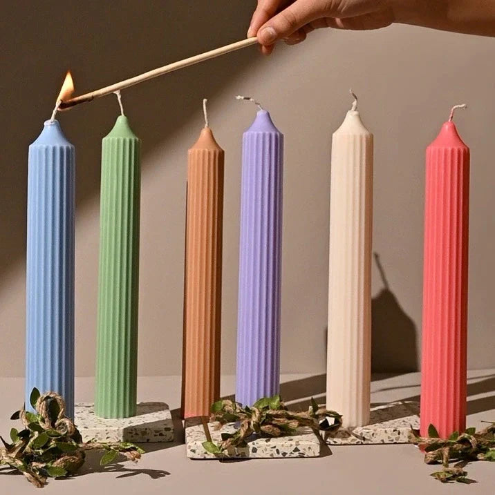 Pravaah Ribbed Tall Candles | Unscented Soy wax | Available in assorted Colors | Set of 2