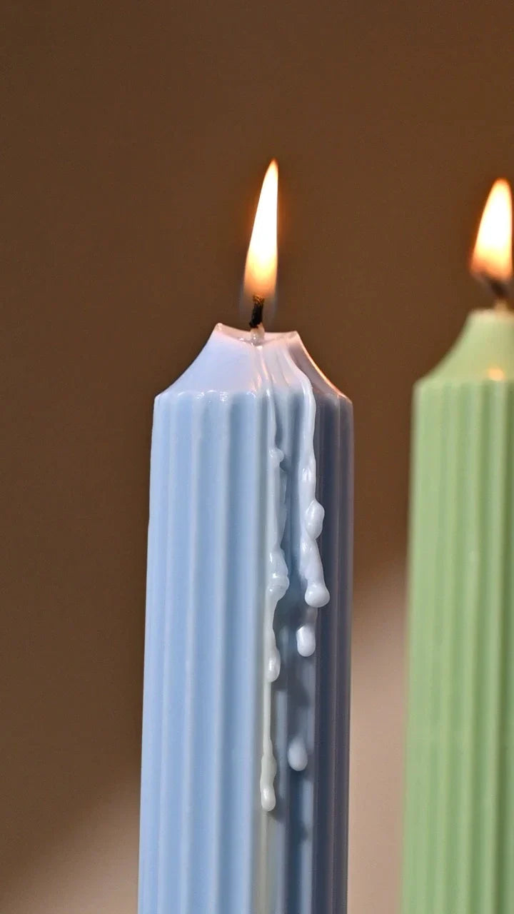 Pravaah Ribbed Tall Candles | Unscented Soy wax | Available in assorted Colors | Set of 2