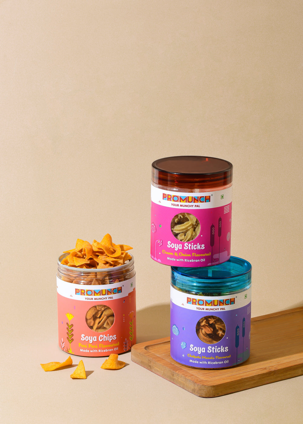 PROMUNCH Combo Pack - Soya Sticks (Chatpata Masala , Cream Onion) + Soya Chips (Peri Peri) - 100gm x 3