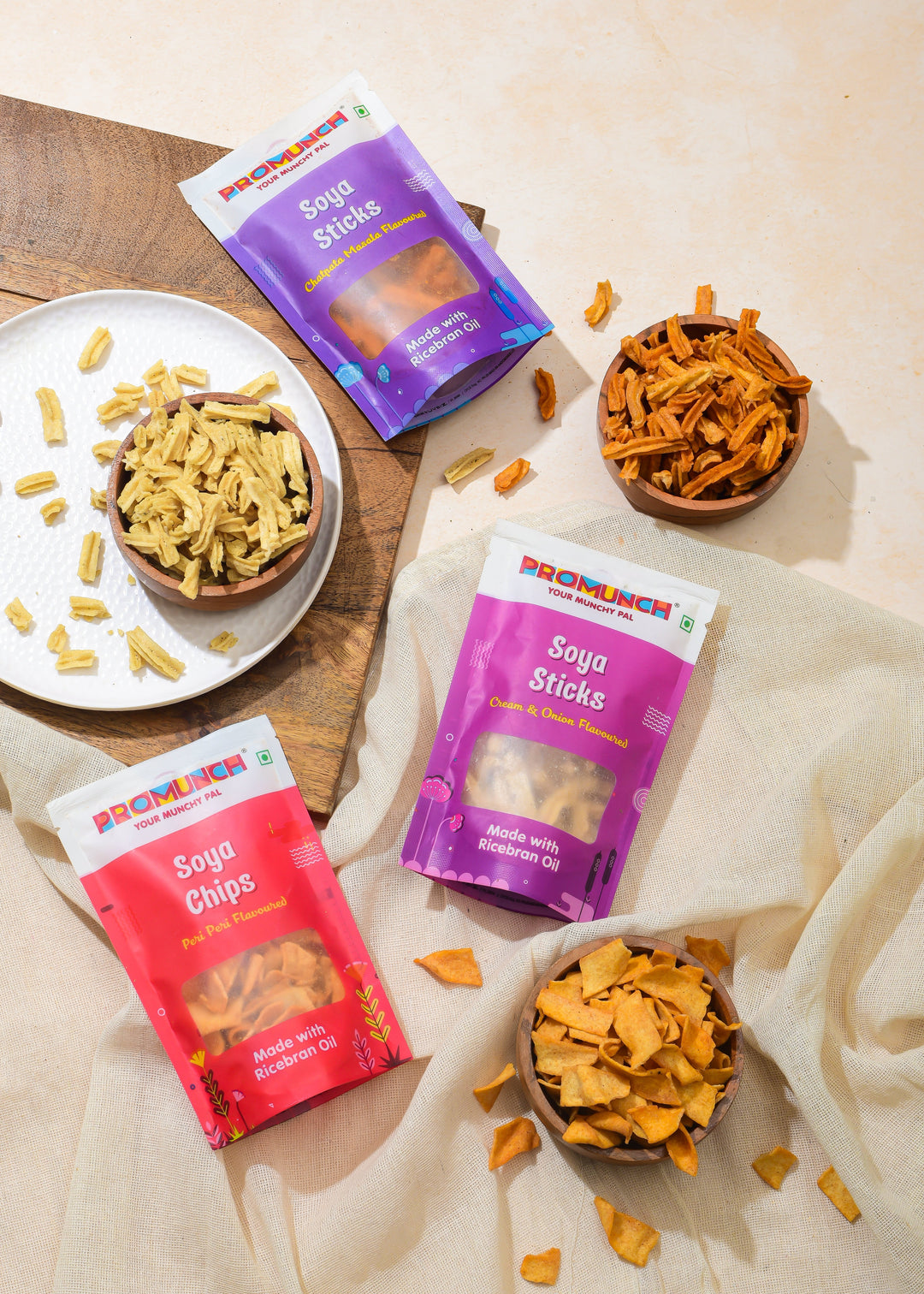 PROMUNCH Combo Pack - Soya Sticks (Chatpata Masala , Cream Onion) + Soya Chips (Peri Peri) - 30g Each