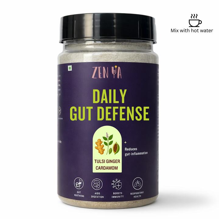 Jar of 'Daily Gut Defense' supplement by Zenya on a white background