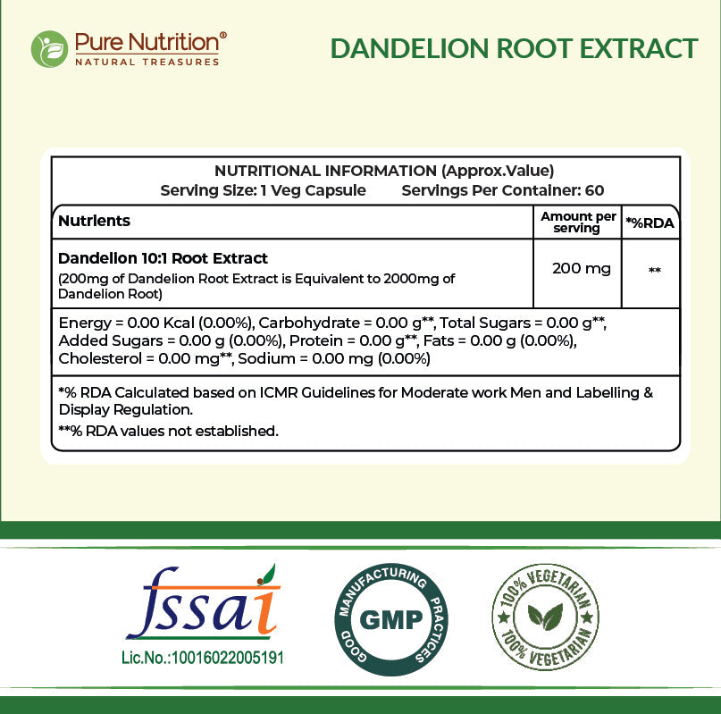 Dandelion Root Extract 200mg Liver, Digestion & Antioxidant Support | Veg Caps