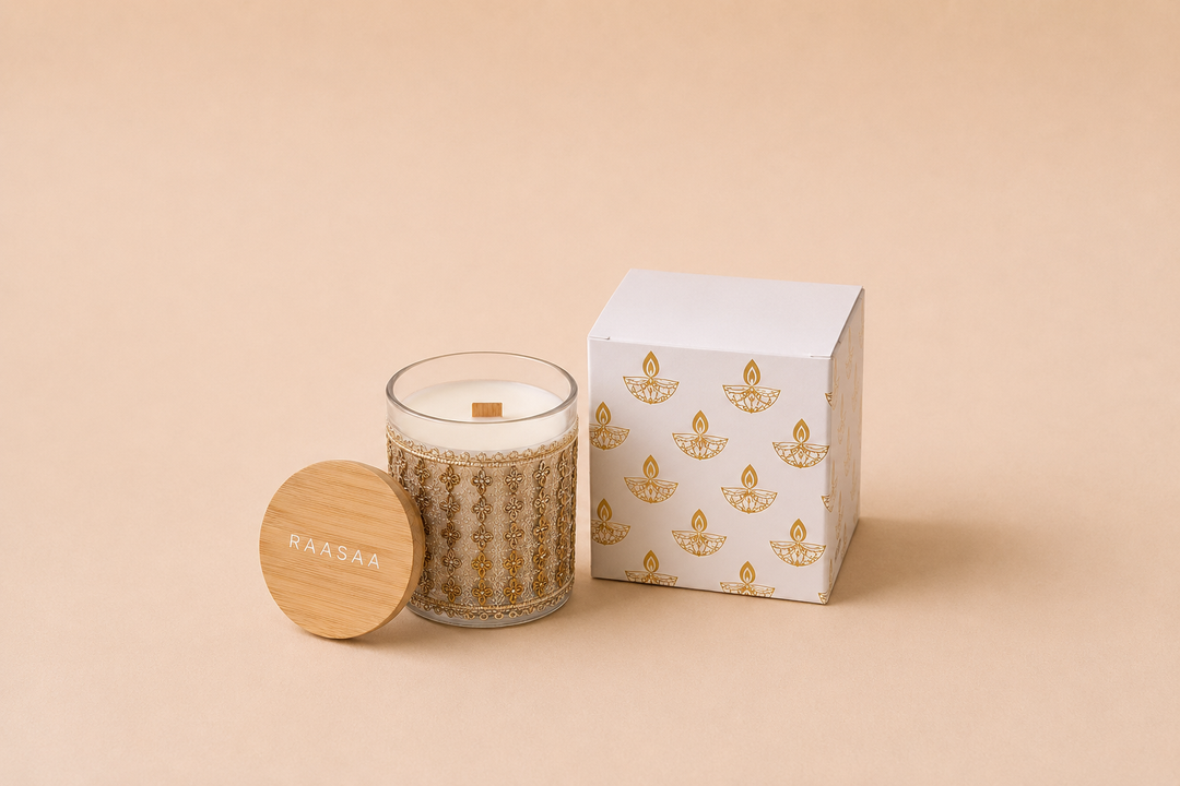 Raasaa Deepa – White Tea & Teak Luxury Scented Candle | 160g | 30–35 Hours Burn Time