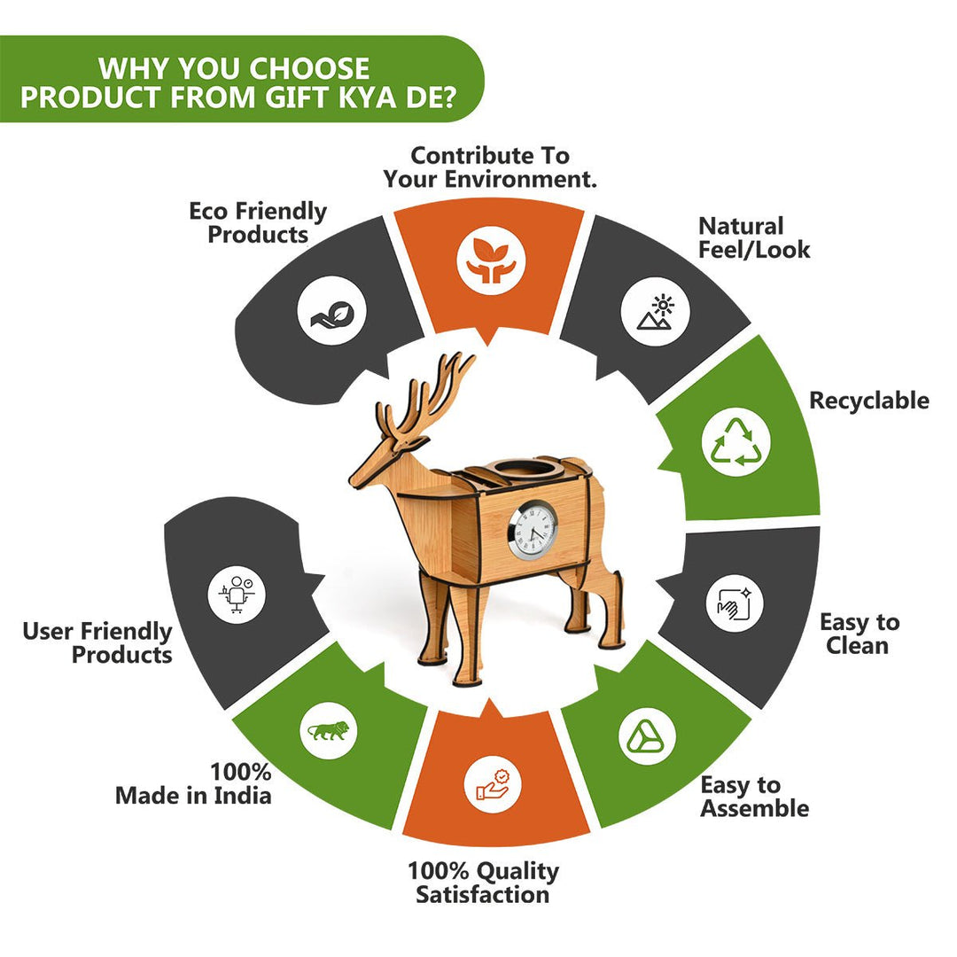 Gift Kya De Deer Showpiece | Desk Organizer With Clock & Calendar 2024 | Home & Office Decor