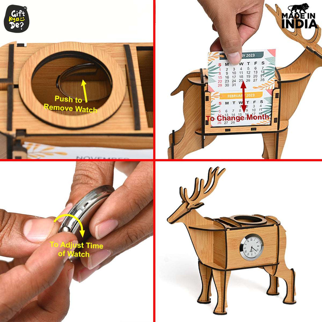Gift Kya De Deer Showpiece | Desk Organizer With Clock & Calendar 2024 | Home & Office Decor