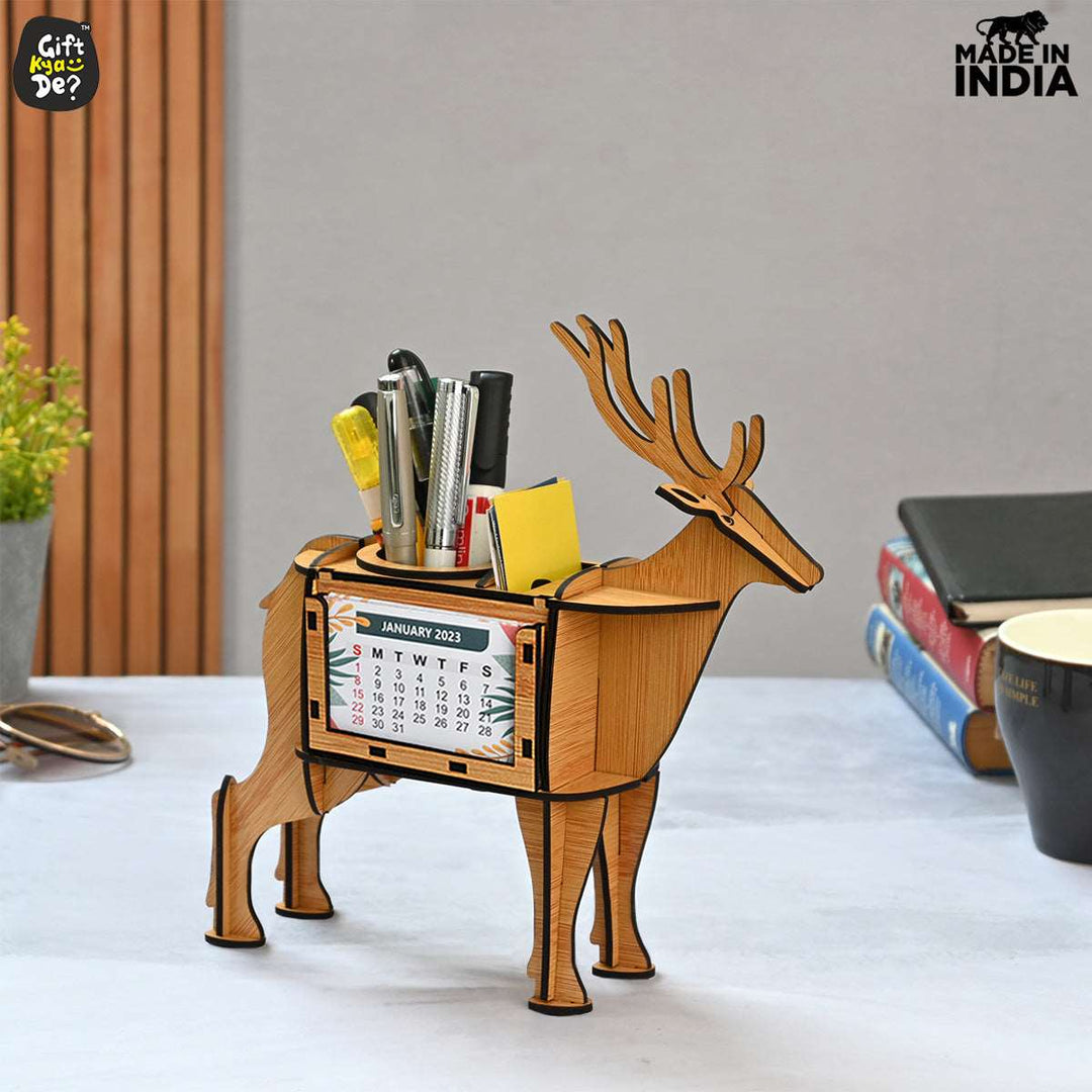 Gift Kya De Deer Showpiece | Desk Organizer With Clock & Calendar 2024 | Home & Office Decor