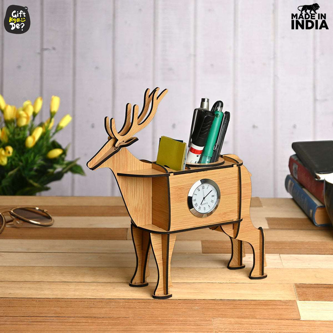 Gift Kya De Deer Showpiece | Desk Organizer With Clock & Calendar 2024 | Home & Office Decor