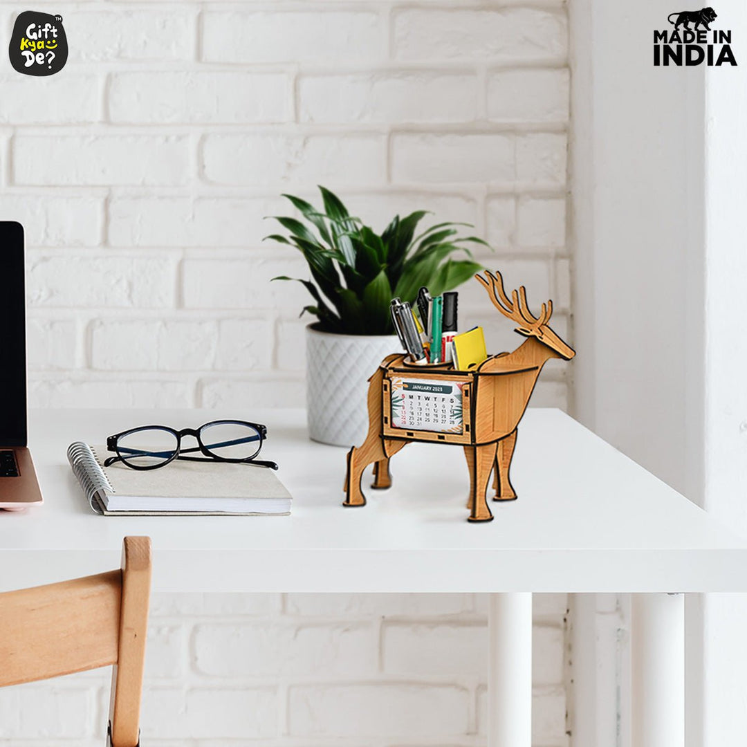 Gift Kya De Deer Showpiece | Desk Organizer With Clock & Calendar 2024 | Home & Office Decor