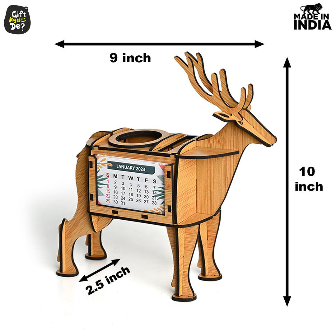 Gift Kya De Deer Showpiece | Desk Organizer With Clock & Calendar 2024 | Home & Office Decor