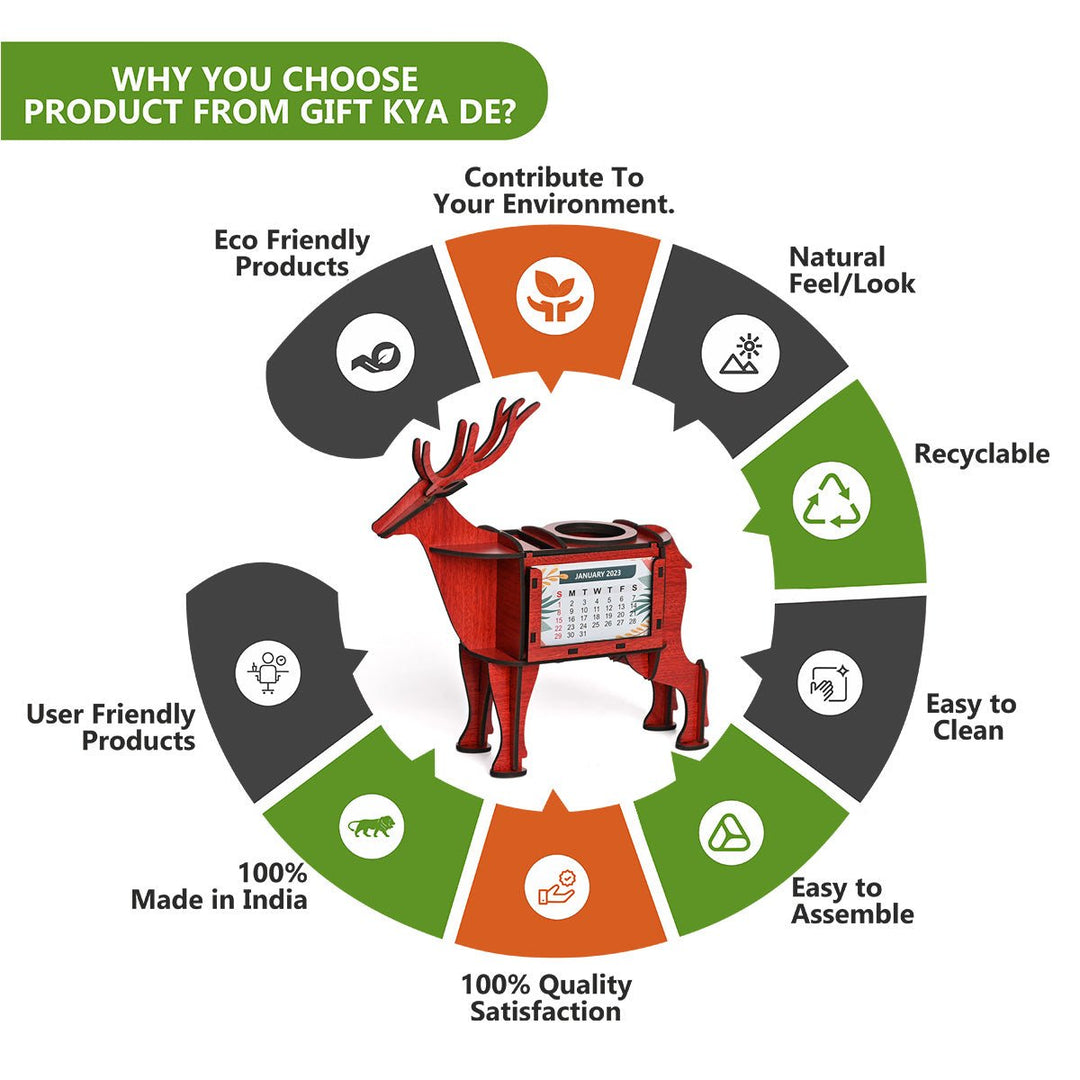 Gift Kya De Deer Showpiece | Desk Organizer With Clock & Calendar 2024 | Home & Office Decor