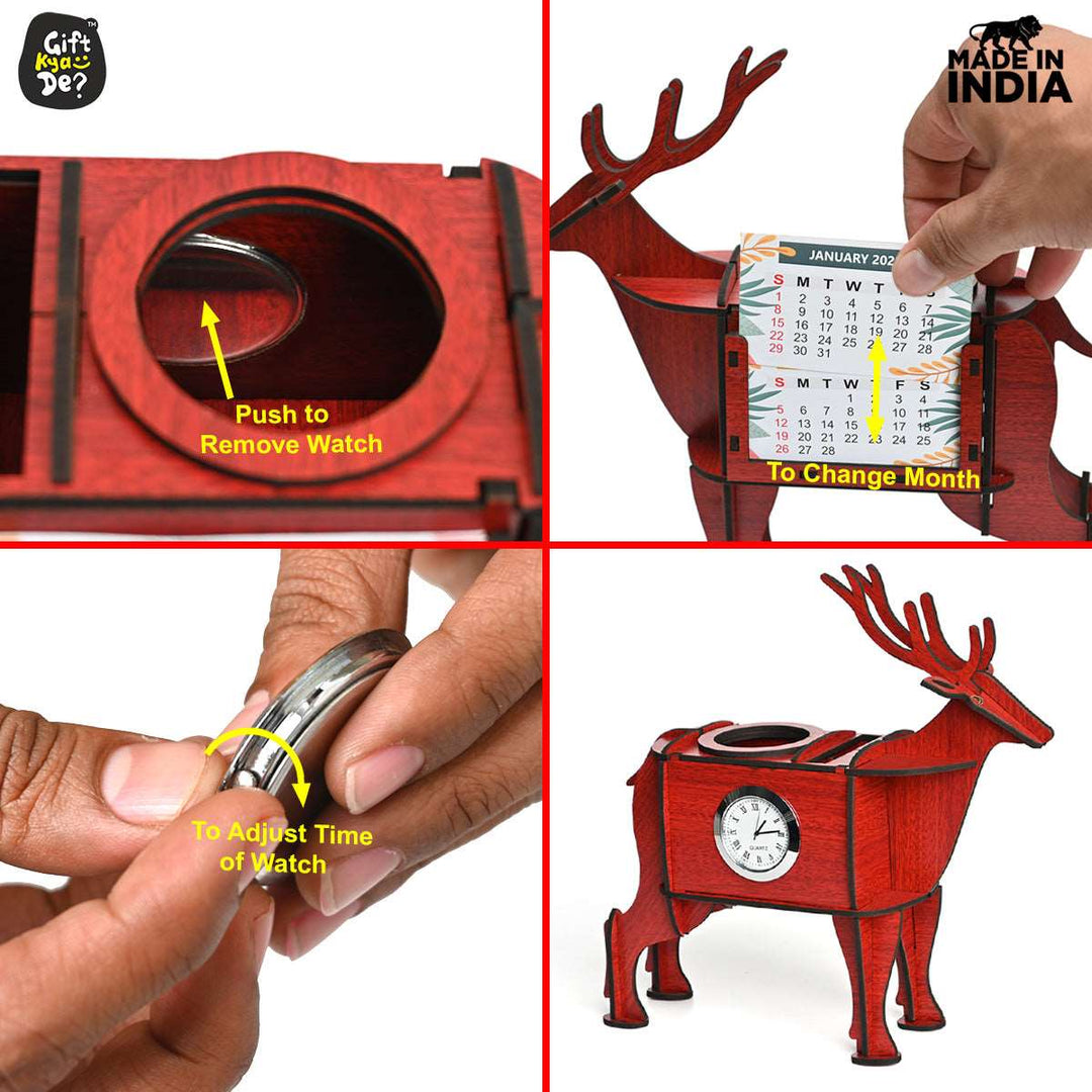 Gift Kya De Deer Showpiece | Desk Organizer With Clock & Calendar 2024 | Home & Office Decor
