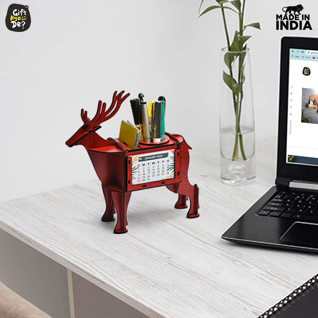 Gift Kya De Deer Showpiece | Desk Organizer With Clock & Calendar 2024 | Home & Office Decor