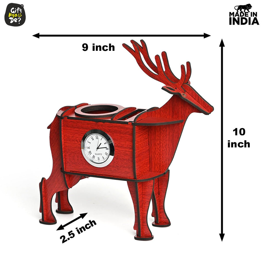 Gift Kya De Deer Showpiece | Desk Organizer With Clock & Calendar 2024 | Home & Office Decor