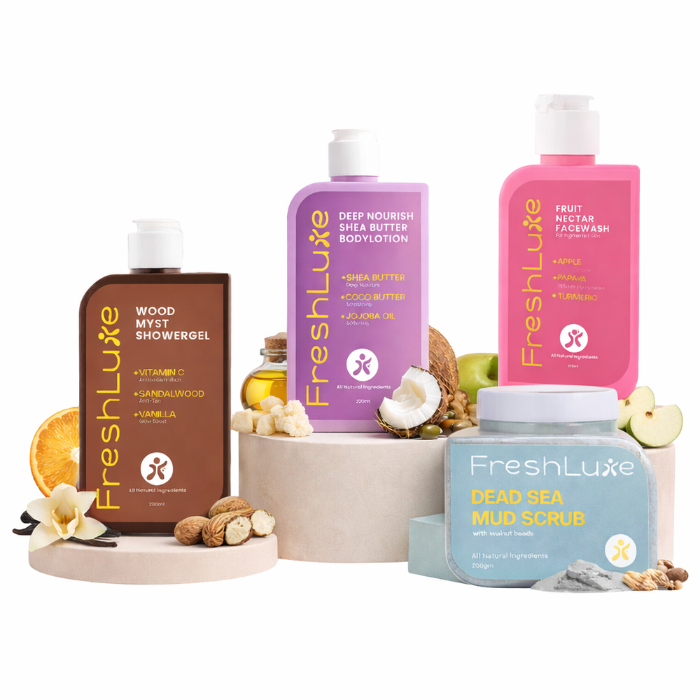 Detan Combo | AYUSH-Approved | Shea Butter, Dead Sea Mud, Vitamin C & Lactic Acid | Body Lotion, Shower Gel & Scrub.