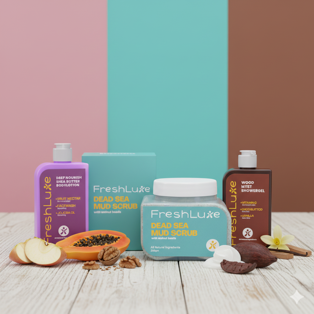 FreshLuxe Detan Combo | AYUSH-Approved | Shea Butter, Dead Sea Mud, Vitamin C & Lactic Acid | Body Lotion, Shower Gel & Scrub.